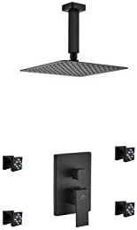 Aqua Piazza Matte Black Shower Set with 8' Ceiling Mount Square Rain Shower and 4 Body Jets