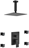 Aqua Piazza Matte Black Shower Set with 8' Ceiling Mount Square Rain Shower and 4 Body Jets