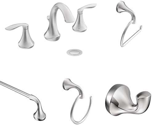 Moen Eva Chrome Bathroom Set: Two-Handle High Arc Widespread Sink Faucet with 3-Hole Valve, 24-Inch Towel Bar, Hand Towel Ring, Paper Holder & Robe Hook