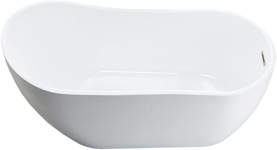 WOODBRIDGE 59' Acrylic Freestanding Bathtub Contemporary Soaking White Tub with Brushed Nickel Overflow and Drain，B1530-B/N-Drain&O