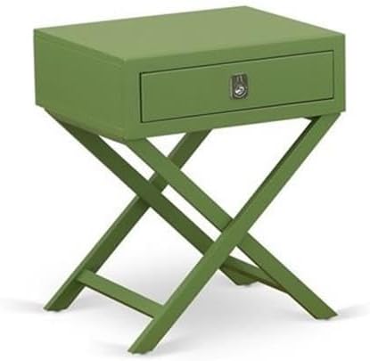 East West Furniture NL19Q-1HA12 2 Piece Bedroom Set - Button tufted Queen Size Bed - Linen white Velvet Fabric Upholstered Headboard and a Clover Green Finish Nightstand