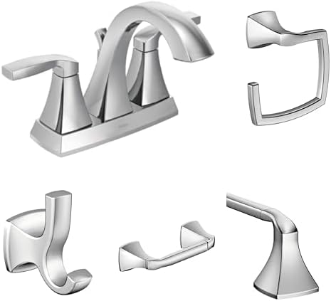 Moen Voss Chrome Bathroom Set - Two-Handle High Arc Faucet 6901 with 24-Inch Towel Bar, Hand Towel Ring, Pivoting Toilet Paper Holder & Double Robe Hook