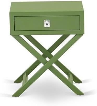 East West Furniture NL19Q-1HA12 2 Piece Bedroom Set - Button tufted Queen Size Bed - Linen white Velvet Fabric Upholstered Headboard and a Clover Green Finish Nightstand