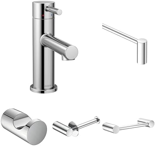 Moen Align Chrome Bathroom Set - One-Handle Faucet 6190 with 24-in Towel Bar, 9-in Hand Towel Bar, Toilet Paper Holder and Robe Hook