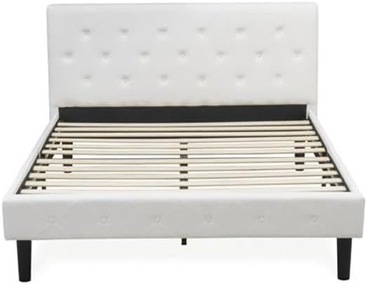 East West Furniture NL19Q-1HA14 2 Piece Bedroom Set - Queen Size Button Tufted Bed Frame - Linen white Velvet Fabric Upholstered Headboard and an Urban Gray Finish Nightstand