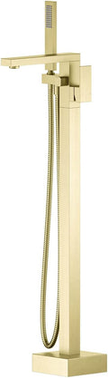 KIBI Freestanding Bathtub Faucet with Hand Shower, Floor Mounted Tub Filler – Single Handle Solid Brass Bathroom Faucet with Ceramic Cartridge & Stainless Steel Hose, Brushed Gold (KTF302BG)