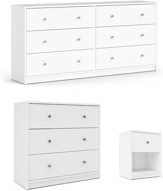 Pemberly Row Set of 3 Wood Double Dresser and Chest and Nightstand in White