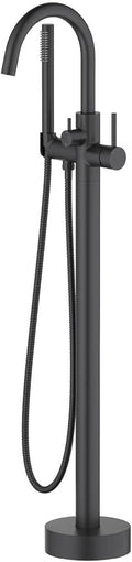 KIBI Circular Floor Mount Bathtub Faucet with Hand Shower Single Handle Freestanding Tub Filler Modern Bath Faucet Matte Black Finish Solid Brass KTF301