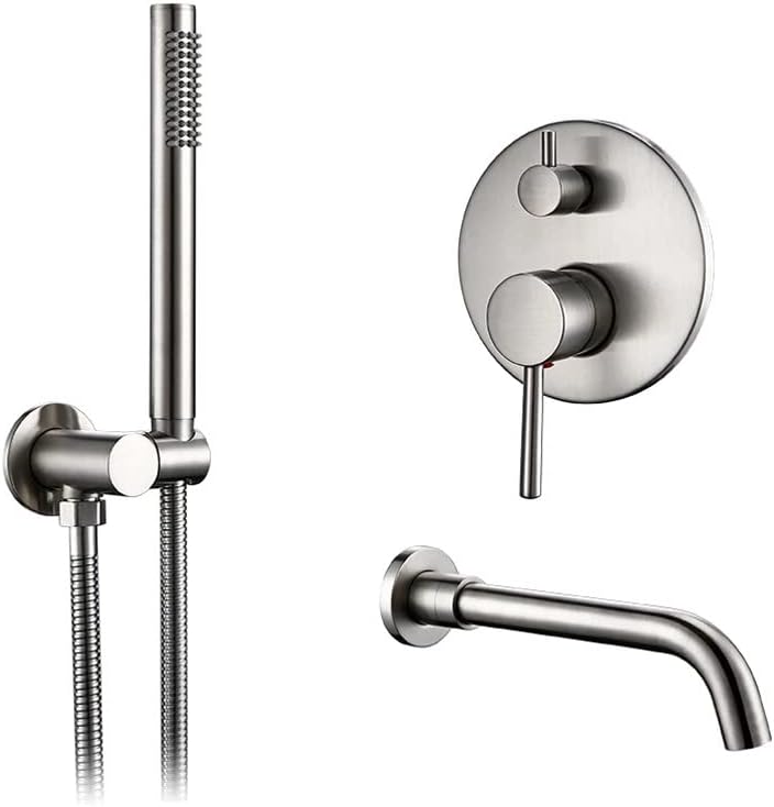 Bathtub Faucet with Shower, Tub Taps Hot and Cold Bathroom Faucet Brushed Brass Shower Faucet Diverter, with Wall Mount Spout Handheld Hose Bathtub Filler Mixer Tap Set,Brushed Chrome