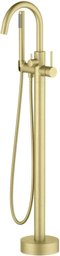 KIBI Circular Floor Mount Bathtub Faucet with Hand Shower | Single Handle Freestanding Tub Filler | Modern Bath Faucet | Brushed Gold Finish | Solid Brass | KTF301