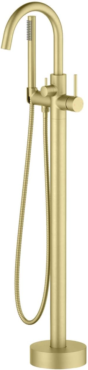 KIBI Circular Floor Mount Bathtub Faucet with Hand Shower | Single Handle Freestanding Tub Filler | Modern Bath Faucet | Brushed Gold Finish | Solid Brass | KTF301