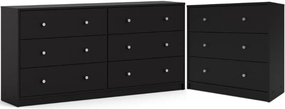 Home Square 2 Piece Set with 3 Drawer Chest and 6 Drawer Double Dresser in Black