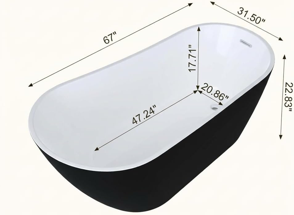 Garvee 67' Deep Soaking Bathtub, Non-Slip Acrylic Tub with Chrome Drain, cUPC Certified, Ergonomic Modern Bath for Bathrooms, Easy-Install, Black Upturned