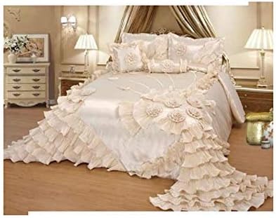 OctoRose Royalty Oversized Cream Wedding Bedding Bedspread | Cute Bed Set for Queen Size (102x110) | 5-Piece Set with 2 Pillow Sham, 1 Square Pillow, and 1 Neck Roll