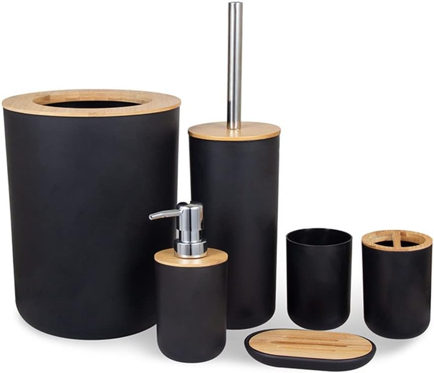 Bathroom Accessories Set 6 Pieces Room Toothbrush Holder Soap Dispenser Toilet Brush Trash Can Essential(Black)