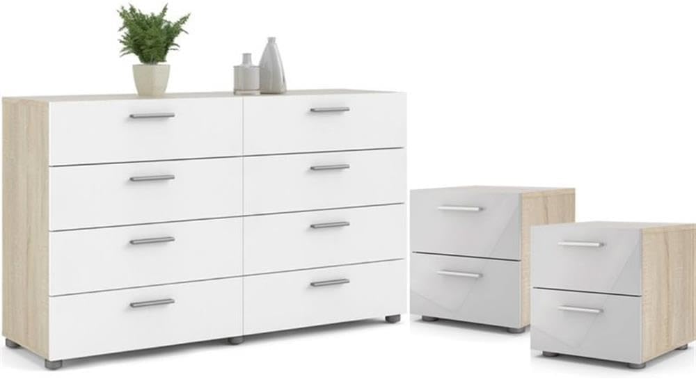 Home Square Contemporary 3 Piece Bedroom Set with Two Nightstands and 8 Drawer Double Dresser in Oak and White Gloss
