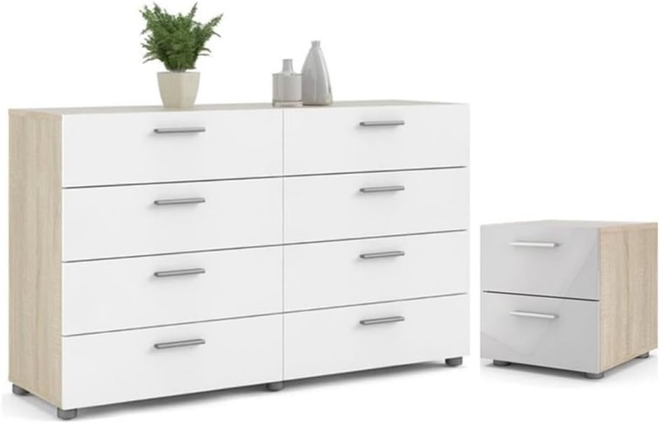 Home Square 2 Piece Bedroom Set with 2 Drawer Nightstand and 8 Drawer Double Dresser in Oak and White Gloss