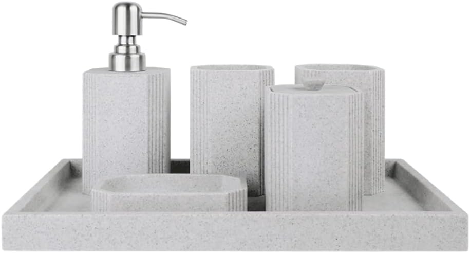 Bathroom Accessory Set Complete,Vertical Stripe Design Bathroom Set Gray,Lotion Dispenser,Soap Dish,Storage Jar,Tumbler,Tray Set(Grey 6 Pack)