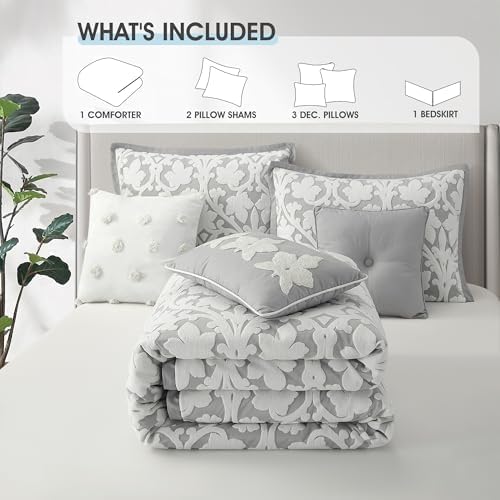 LANCO MODERN LIFESTYLE 7 Pieces Comforter Set, King, White Grey, Jacquard Floral Pattern and Classy Damask Medallion Design, Ultra Soft, Includes Bed Skirt, Shams, and Decorative Pillows