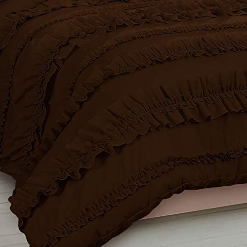 5 Piece Full Ruffles Layers Duvet Cover Set with Zipper Closure, 100% Egyptian Cotton, 1000 Thread Cotton - Full/Queen Size - Chocolate Solid