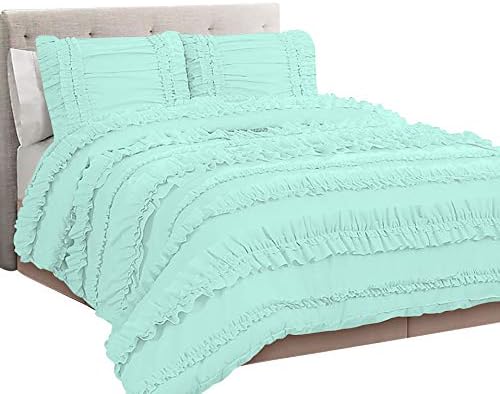 5 Piece Full Ruffles Layers Duvet Cover Set with Zipper Closure, 100% Egyptian Cotton, 1000 Thread Cotton - Full/Queen Size - Aqua Blue Solid