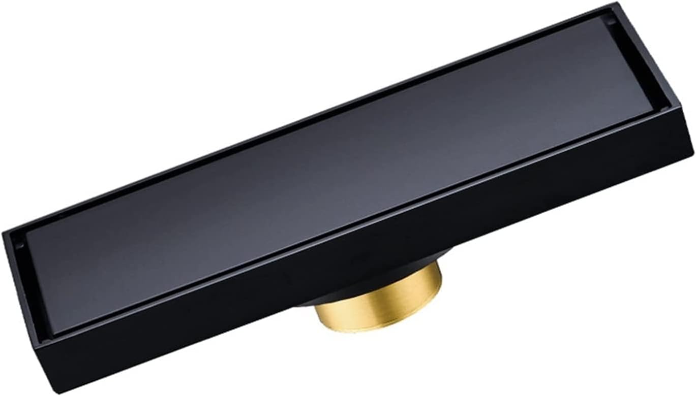Linear Shower Drain with Hair Strainer Brass Invisible Rectangle Floor Drain Removable Cover for Kitchen Bathroom Garage and Basement Premium Water Drainage Sol，Black 30x8cm(11.8x3.1Inch)
