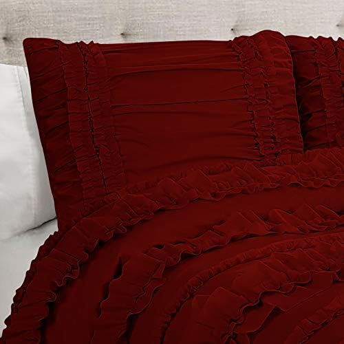 5 Piece Full Ruffles Layers Duvet Cover Set with Zipper Closure, 100% Egyptian Cotton, 1000 Thread Cotton - Full/Queen Size - Burgundy Solid