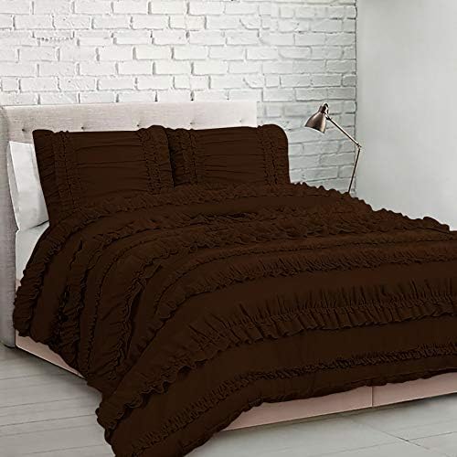 5 Piece Full Ruffles Layers Duvet Cover Set with Zipper Closure, 100% Egyptian Cotton, 1000 Thread Cotton - Full/Queen Size - Chocolate Solid