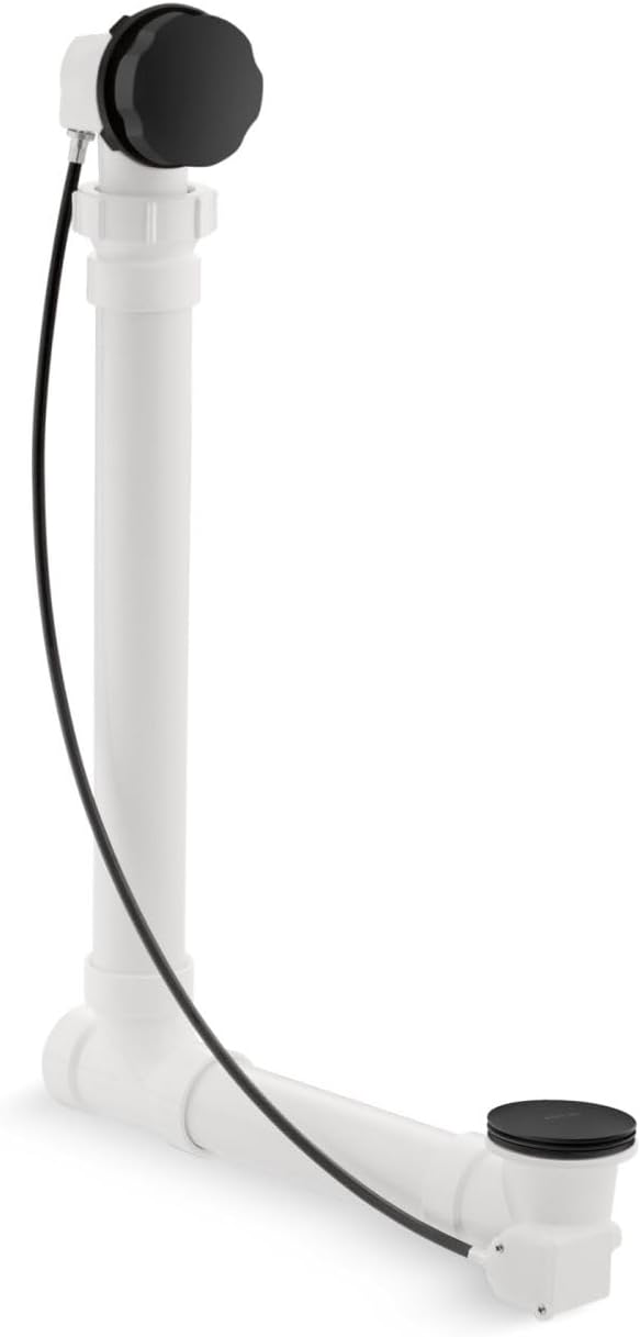 KOHLER K-7213-BL Clearflo Cable Bath Drain with PVC Tubing, Metal Control Hande, Cable-Activated Bath Drain, Matte Black