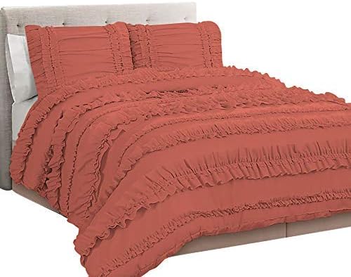 5 Piece Full Ruffles Layers Duvet Cover Set with Zipper Closure, 100% Egyptian Cotton, 1000 Thread Cotton - Full/Queen Size - Brick Red Solid