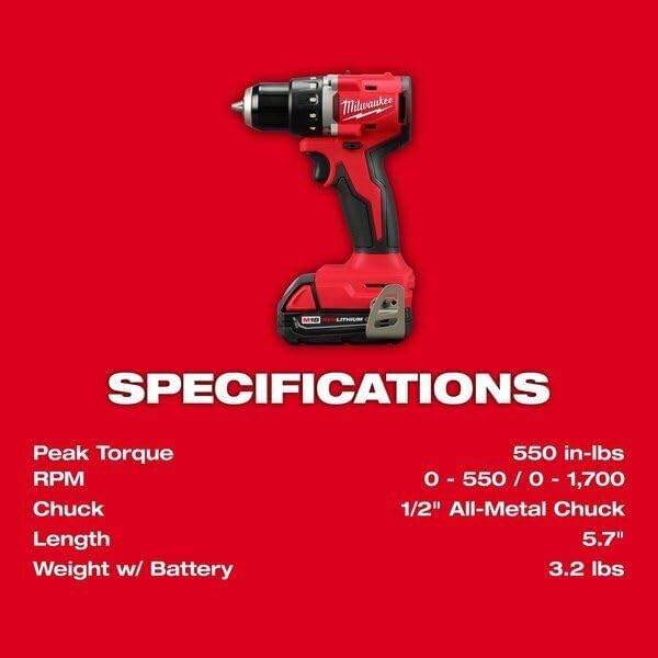 EMBER & VALOR 3601-22Ct mMilwaukee Tool 3601-22Ct M18 Compact Brushless 1/2 In. Drill/Driver Kit, Large, ‎red, Black