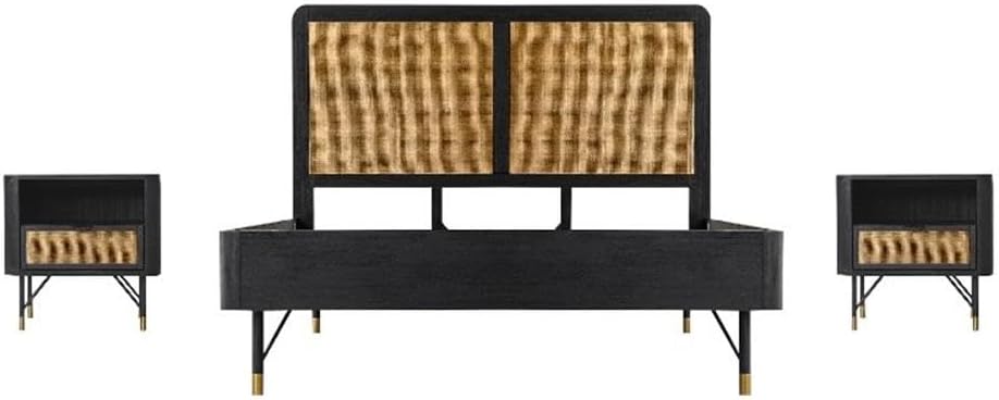 Armen Living Saratoga 3 Piece Queen Bedroom Set in Black Acacia Wood and Rattan