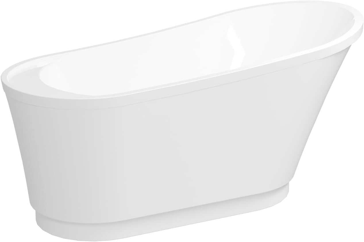 FerdY Langkawi 59' Acrylic Freestanding Bathtub, White Modern Stand Alone Soaking Bathtub, cUPC Certified, Brushed Nickel Drain and Minimalist Linear Design Overflow Included