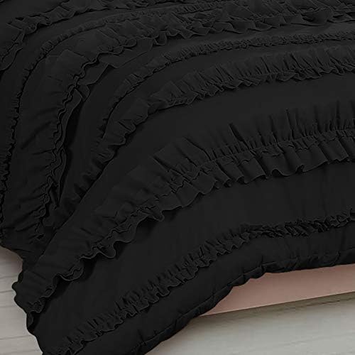 5 Piece Full Ruffles Layers Duvet Cover Set with Zipper Closure, 100% Egyptian Cotton, 1000 Thread Cotton - Full/Queen Size - Black Solid