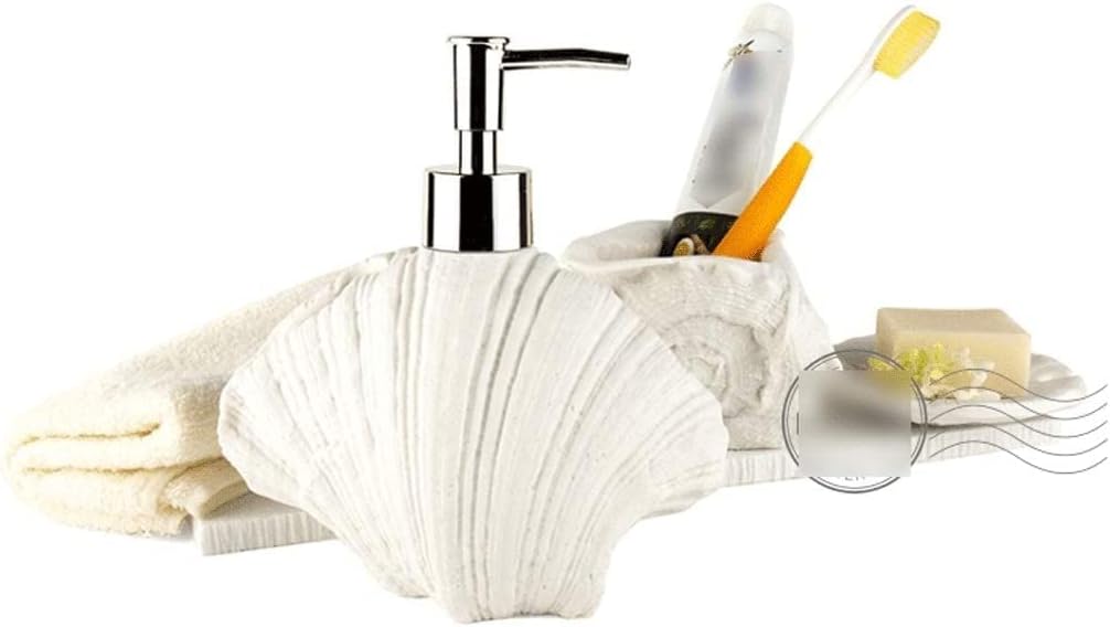 Soap Dispenser, Shell Sandstone Bathroom Accessories Set 3/4-piece Contain Soap Dispenser Dishes Gargle Cups 350ml/11.8oz Lotion Pump Bottle Kitchen Hand Wash Dispenser(White 3-piece Bathroom Set)