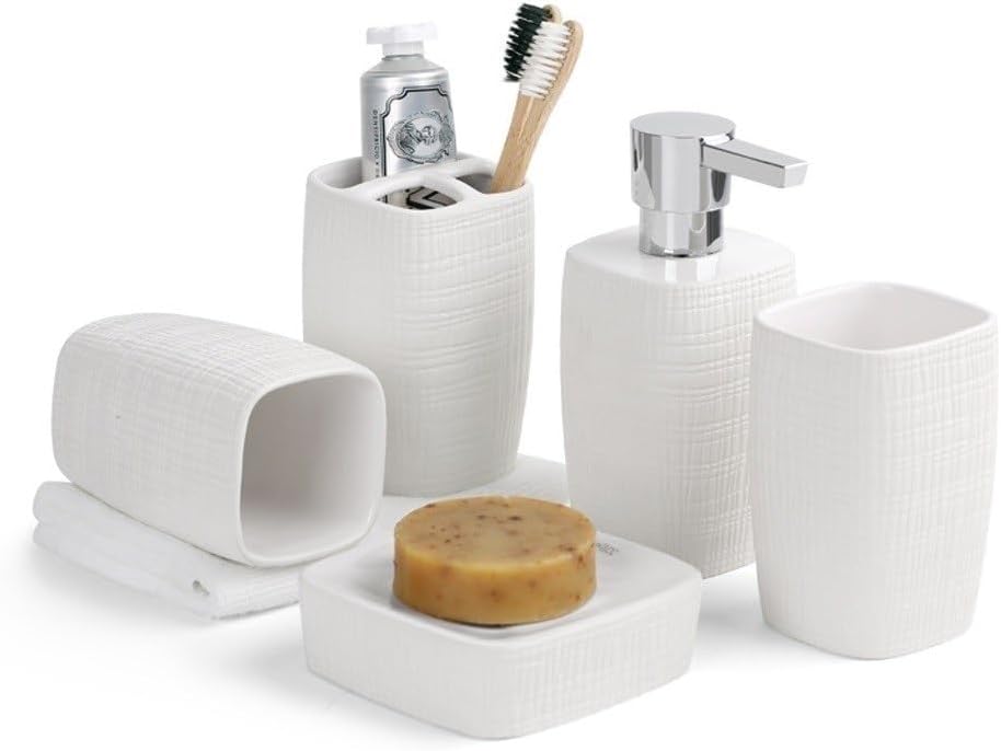 5-Piece Ceramic Bathroom Accessories Set, Soap Dispenser Toothbrush Holder Cup Soap Dish Bath Set(White)