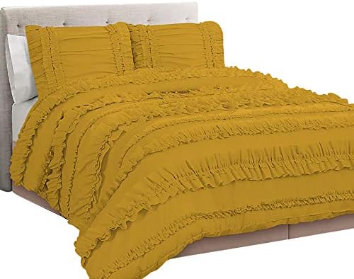 5 Piece Full Ruffles Layers Duvet Cover Set with Zipper Closure, 100% Egyptian Cotton, 1000 Thread Cotton - Full/Queen Size - Gold Solid