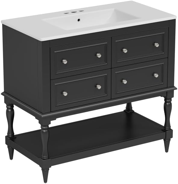 36 Inch Bathroom Vanity with Undermount Ceramic Sink, Free Standing Cabinet with 4 Drawers, Solid Wood Frame Modern Storage Set, Complete Single Basin Vanity for Bathroom (Black)
