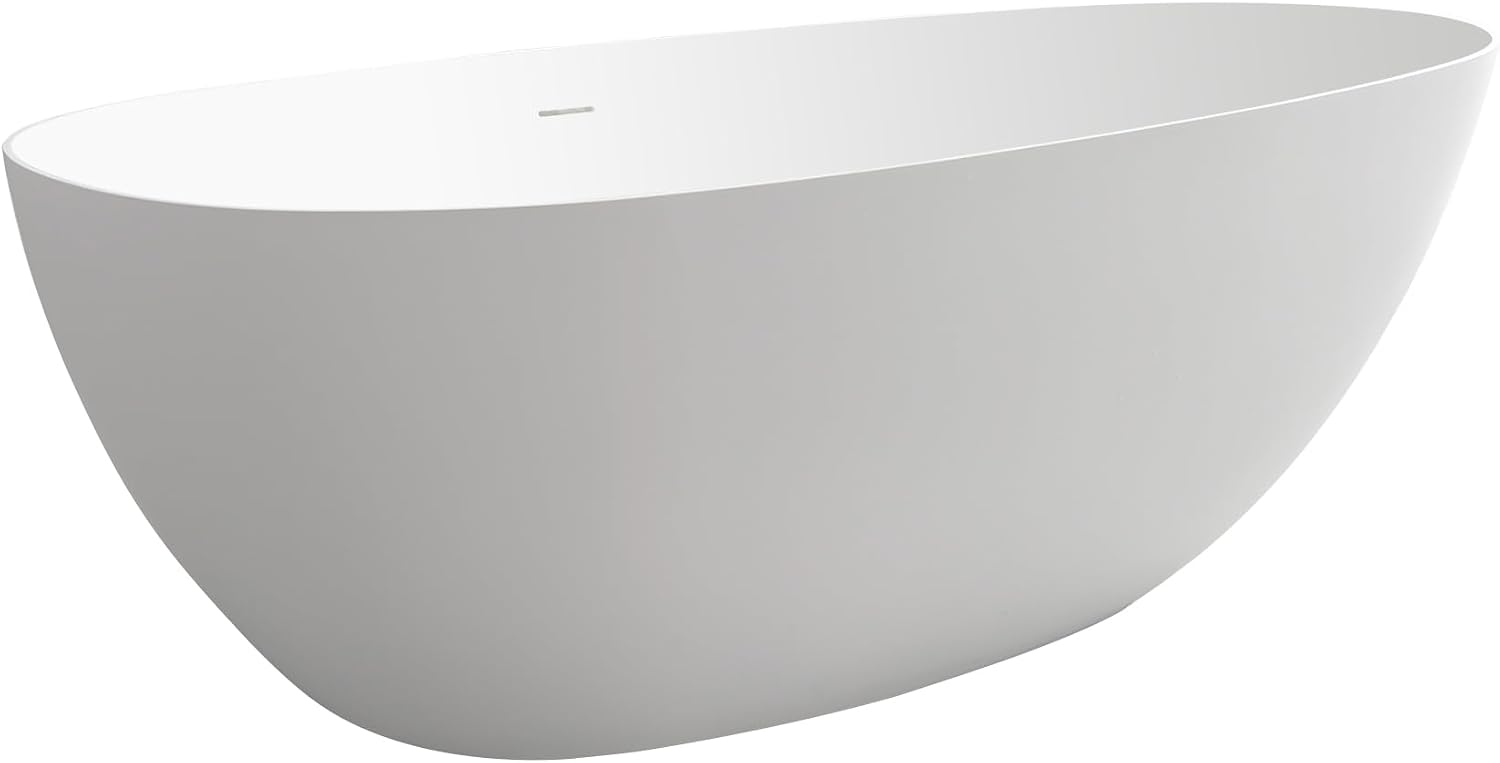 67' Stone Resin Freestanding Bathtub, Oval Solid Surface Bathroom Freestanding Tub, Thin Edge Stand Alone Tub with Integrated Slotted Overflow and Pop-up Drain, Matte White 302-170