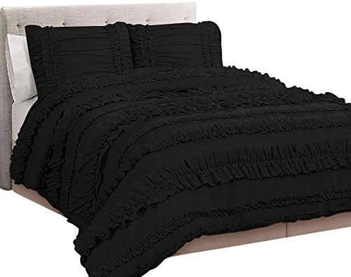 5 Piece Full Ruffles Layers Duvet Cover Set with Zipper Closure, 100% Egyptian Cotton, 1000 Thread Cotton - Full/Queen Size - Black Solid
