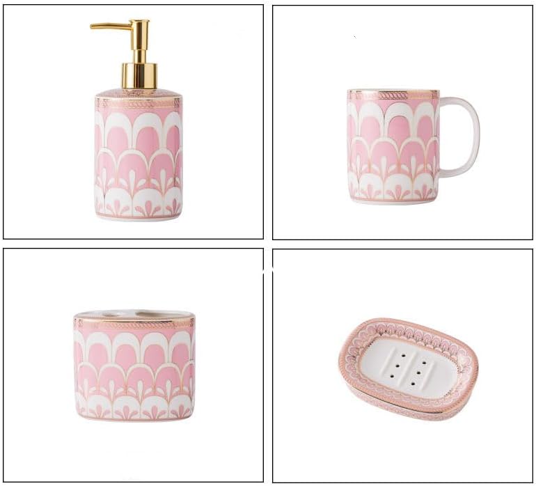 Bathroom Accessories Set, 6 Piece Ceramic Bath Accessory Completes with Soap Lotion Dispenser Pump Toothbrush Holder Tumbler Soap Dish, Tray Great for Modern Bath Sink Tub Decor (Pink Gold Stripes)