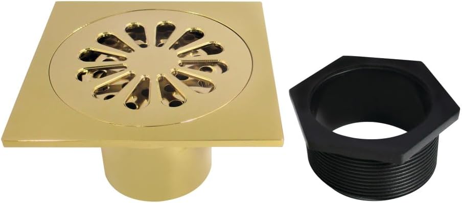 Sunburst 4' Brass Square Grid Shower Drain with Hair Strainer, Brushed Brass