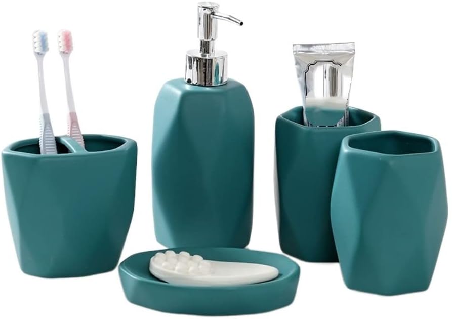 Bathroom Accessory Set Bathroom Accessories Set Ceramic Soap Dispenser Round Bathroom Accessories Set 5 Pieces Toothbrush Holder Mouthwash Cups Soap Dish Bath Accessory Set,Blue,5 Pieces