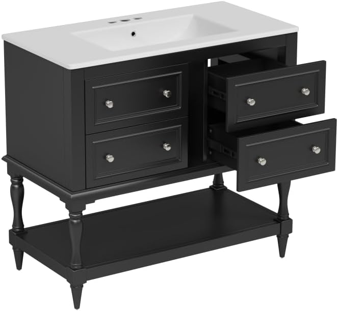 36 Inch Bathroom Vanity with Undermount Ceramic Sink, Free Standing Cabinet with 4 Drawers, Solid Wood Frame Modern Storage Set, Complete Single Basin Vanity for Bathroom (Black)