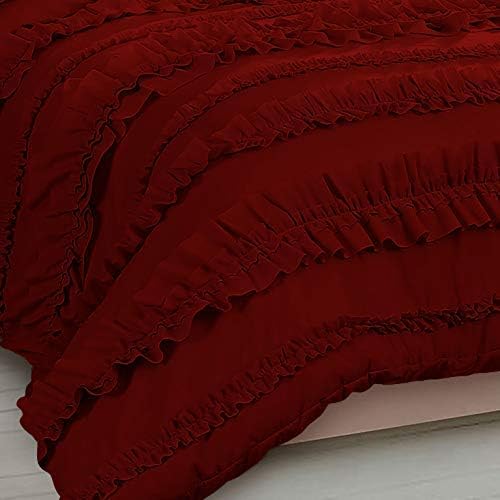 5 Piece Full Ruffles Layers Duvet Cover Set with Zipper Closure, 100% Egyptian Cotton, 1000 Thread Cotton - Full/Queen Size - Burgundy Solid