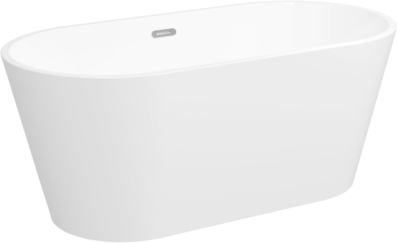 FerdY 59' Shangri-La Elite, Acrylic Freestanding Bathtub, Modern & Contemporary Design Soaking Tub with Chrome Pop-Up Drain and Minimalist Design Overflow, Glossy White, cUPC Certified