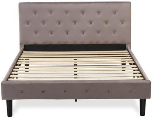 East West Furniture NL14Q-1DE07 2 Piece Queen Size Bedroom Set - Button Tufted Bed frame - Brown Taupe Velvet Fabric Upholstered Headboard and a Distressed Jacobean Finish Nightstand