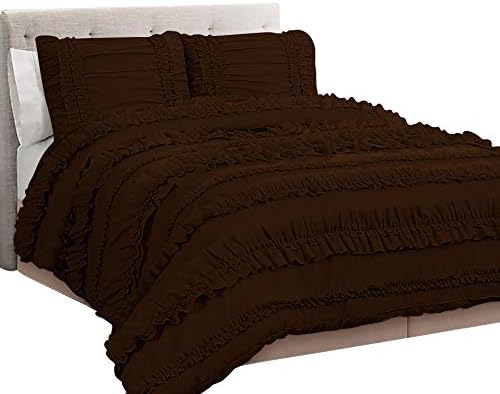 5 Piece Full Ruffles Layers Duvet Cover Set with Zipper Closure, 100% Egyptian Cotton, 1000 Thread Cotton - Full/Queen Size - Chocolate Solid