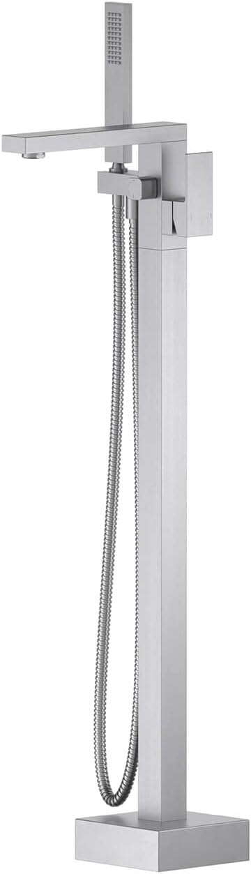KIBI Cube Brushed Nickel Freestanding Bathtub Faucet ‑ Floor‑Mounted Brass Tub Filler | Single‑Handle Bathroom Faucets with Hand Shower, Ceramic Cartridge & Stainless Steel Hose (KTF302BG)