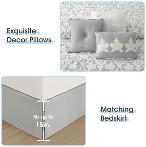 LANCO MODERN LIFESTYLE 7 Pieces Comforter Set, King, White Grey, Jacquard Floral Pattern and Classy Damask Medallion Design, Ultra Soft, Includes Bed Skirt, Shams, and Decorative Pillows